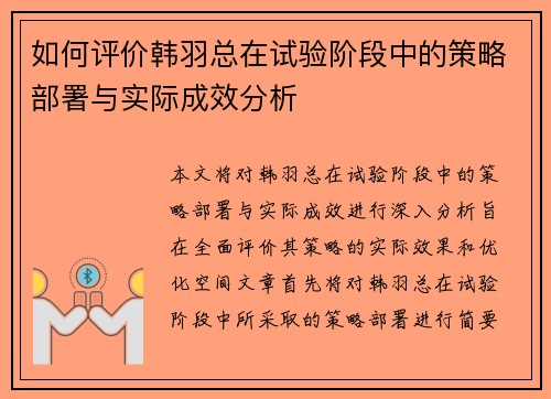 如何评价韩羽总在试验阶段中的策略部署与实际成效分析