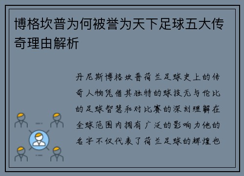 博格坎普为何被誉为天下足球五大传奇理由解析